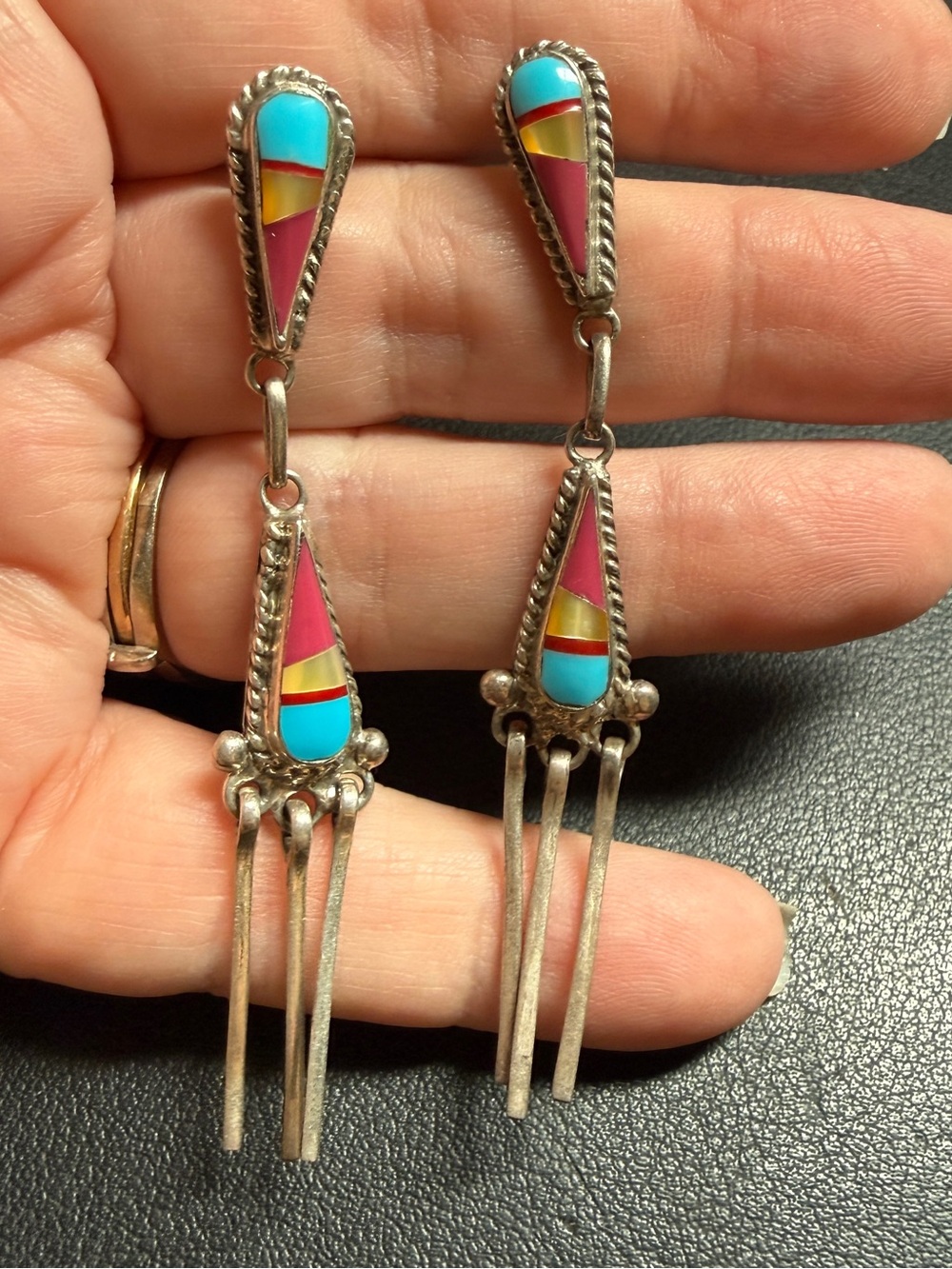 Vintage Sterling Native America Zuni Mother Of Pearl & Turquoise Signed Earrings
